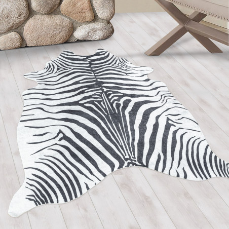 Washable Indoor Rug Faux Fur Non-slip, Black and White in Zebra Motif